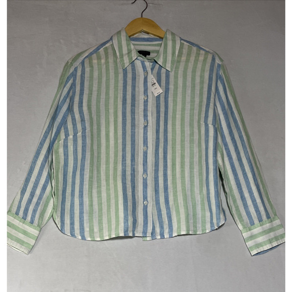 Talbots Linen Shirt Womens MP Striped Blue Green Cropped Boxy Button Up Blouse - Picture 1 of 14